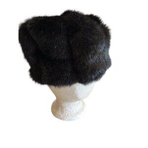 Black Faux Fur Round Pill Box Hat Cap One Size